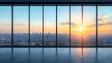 Fototapeta premium Empty modern office with panoramic city sunset view through large windows.