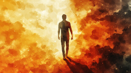 Abstract Illustration of a Male Figure Walking Through an Ethereal Landscape of Orange and Yellow Hues, Symbolizing Transformation and Exploration