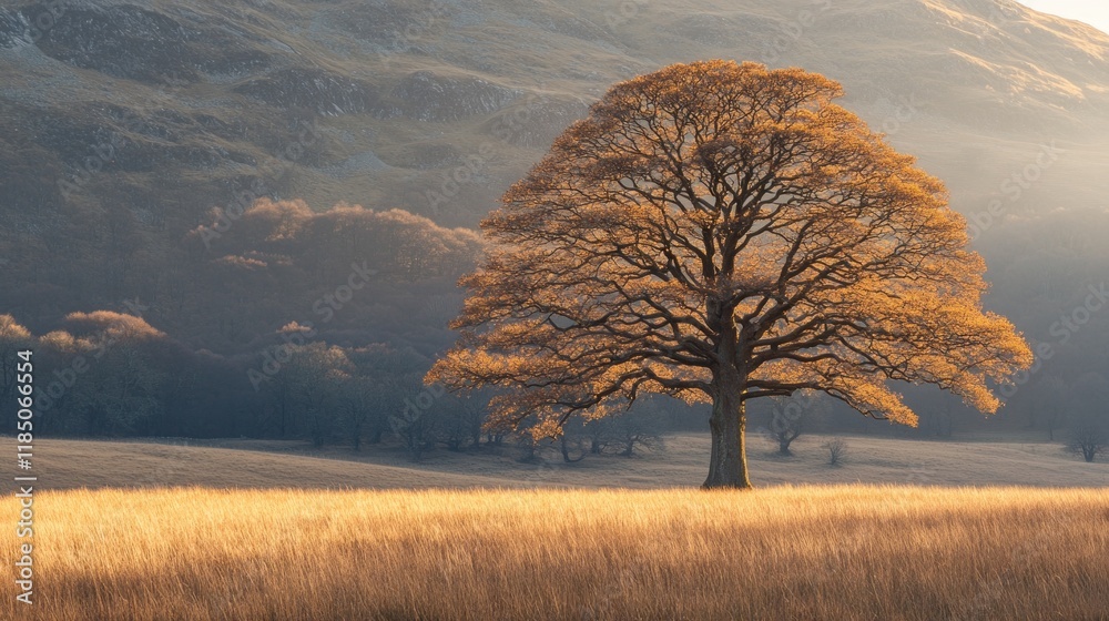 Poster in a tranquil meadow, a solitary tree rises majestically, its branches adorned with warm autumn hues