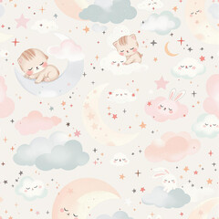 Dreamy Baby Animals on Moons Seamless Pattern with Clouds and Stars