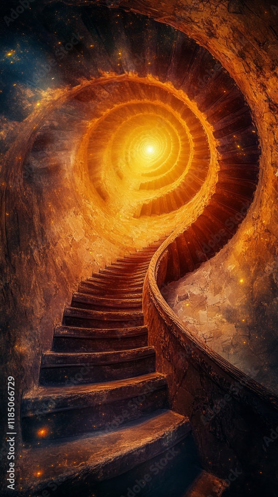 Poster a mesmerizing spiral staircase ascends into a luminous vortex, surrounded by textured walls that evo