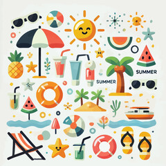 A flat vector illustration representing summer, Flat Vector Style, Simple Design, White Background.
