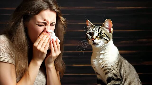 Young woman sneezing because of cat allergy, holding tissue paper