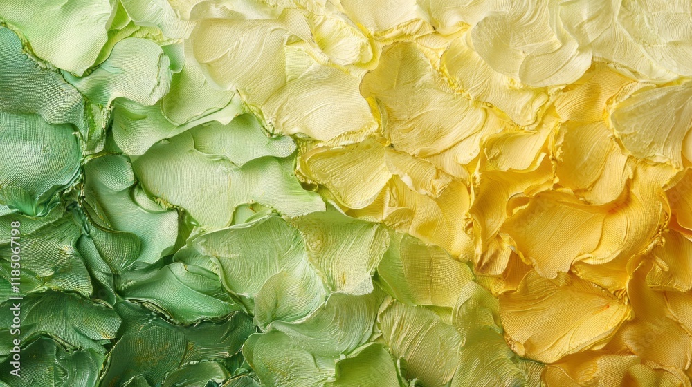 Poster layers of delicate pastel green and golden yellow intertwine, creating a soft, textured surface that