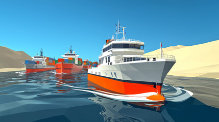 Naklejka premium Cargo ships and a supply vessel navigate coastal waters near desert dunes.