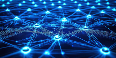 Fototapeta premium A digital representation of a neural network with radiant blue nodes linked by complex lines, symbolizing artificial intelligence, machine learning, and data interconnection