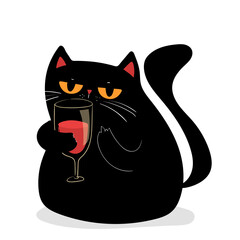 Black grumpy Cat drinking red Wine, middle finger on a paw. Greeting card for Valentines day. Black kawaii cat with red heart on white background. Kawaii anime style 