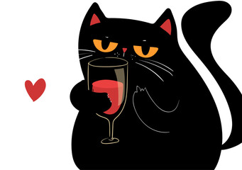 Black grumpy Cat drinking red Wine, middle finger on a paw. Greeting card for Valentines day. Black kawaii cat with red heart on white background. Kawaii anime style 