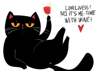 "Loneliness? No, it’s me-time with wine." Black grumpy Cat with red Wine, middle finger on a paw. Greeting card for Valentines day. Black kawaii cat with red heart on white background. Kawaii anime