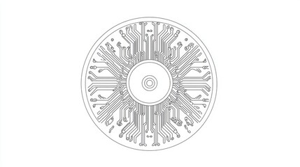 A circular design featuring intricate circuit patterns, representing technology and connectivity.
