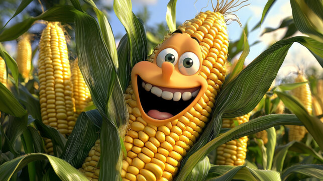 Happy corn cob smiles amidst lush green stalks.