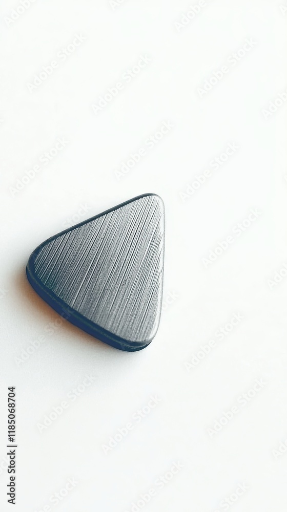 Poster guitar pick rests on a minimalist white table highlighting its smooth edges and shadows