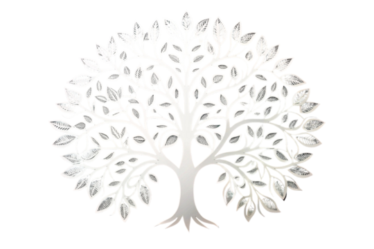 Intricately designed laser cut tree silhouette with detailed branches and leaves in minimalist style on a clean gradient background