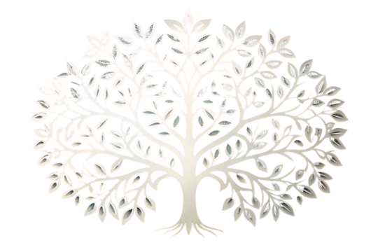 Elegant laser cut paper tree art with intricate branch and leaf patterns, creating a minimalist and modern decorative design on blue background - Powered by Adobe