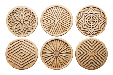 Unique collection of wooden coasters featuring detailed laser cut geometric patterns in circular shapes, perfect for decorative and functional use