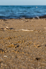 Sandy beach with waves. Close-up view of sand with sea waves in the background
