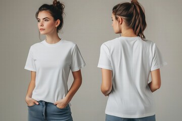 A young woman wearing a plain white t-shirt mockup and blue jeans, posing in a studio setting. The image shows her from the front and back, highlighting the simplicity of the outfit.