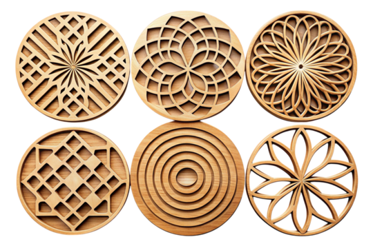 Laser engraved wooden coasters with precise geometric patterns, combining natural wood texture with contemporary design for elegant table decor