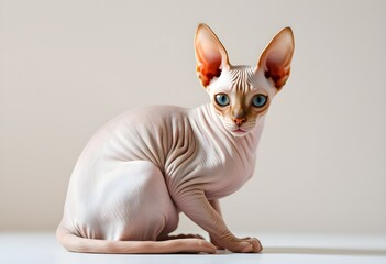 A sphinx cat looking at a camera while sitting is also known as a naked cat. A light background.
