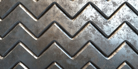 Close-up of a textured metal surface with a repeating zigzag pattern and a distressed finish. The metallic sheen and rugged look create an industrial and modern aesthetic.