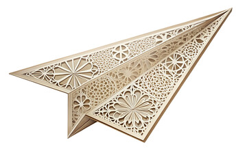 Intricately designed laser cut paper airplane featuring detailed floral patterns, showcasing delicate craftsmanship and elegant artistry