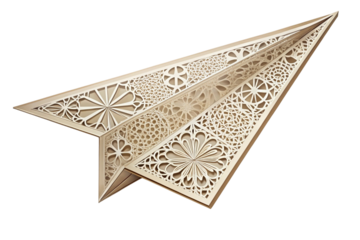 Intricately designed laser cut paper airplane featuring detailed floral patterns, showcasing delicate craftsmanship and elegant artistry