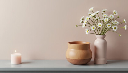 Elegant vase with daisies, simple decor on neutral background