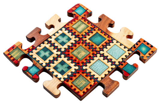 Intricate laser cut wooden puzzle pieces with vibrant patterns and geometric designs, showcasing craftsmanship and artistic precision