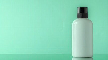 Product display packaging and organized, A minimalist image of a white bottle with a black cap against a soft mint green background, creating a clean and modern aesthetic.