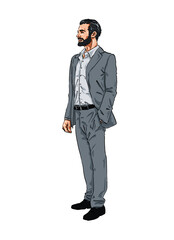 Handmade Illustration of a happy Business Man standing with one Hand in Pocket