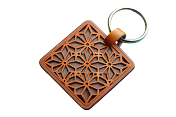 Handcrafted keychains combining wooden and leather materials with detailed laser cut art and bold colors