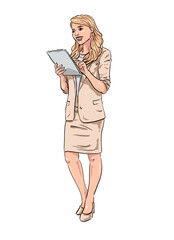 Handmade Illustration of beautiful Woman standing and tapping on Tablet 01