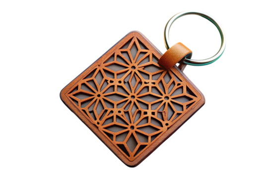 Handcrafted keychains combining wooden and leather materials with detailed laser cut art and bold colors