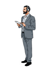Handmade Illustration of a happy Man with Headset holding Tablet Computer 02
