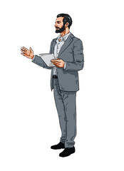 Handmade Illustration of a happy Man holding Tablet Computer 04