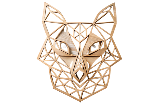 Stylized wolf face laser cut wall decor in geometric wooden design, perfect for adding a touch of rustic elegance to interiors