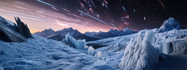An awe-inspiring perspective of a high-altitude glacier field with jagged, crystalline ice structures and a rare, vivid meteor shower illuminating the frozen landscape with dynamic streaks