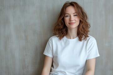 A young woman with wavy brown hair, wearing a plain white t-shirt mockup, smiles softly while sitting against a textured gray background.