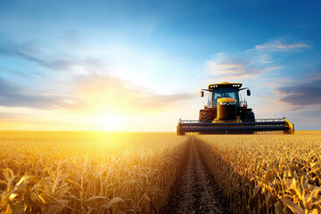 Fototapeta premium Combine Harvester in Wheat Field at Sunset