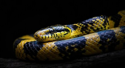 Obraz premium Close-up of a vibrant yellow and black snake coiled on a dark surface