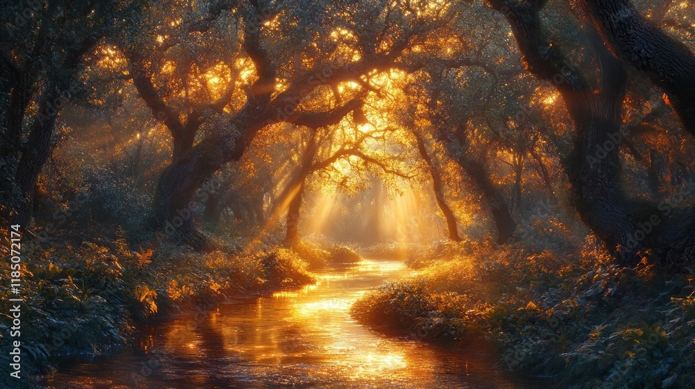 Poster Sunlight filters through the ancient trees, casting a golden hue across the forest path. The gentle flow of a nearby stream enhances the tranquility, beckoning wanderers to pause and reflect