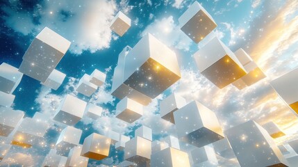Floating white and gold cubes in a cloudy sky, digital art.