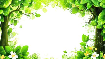 Fototapeta premium A vibrant, decorative border of lush green leaves and flowers, ideal for nature-themed designs or invitations.