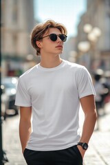 A young man wearing sunglasses and a plain white t-shirt mockup stands confidently on a city street, with soft sunlight illuminating the scene.