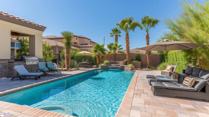 Luxurious backyard with a sparkling pool and comfortable patio furniture