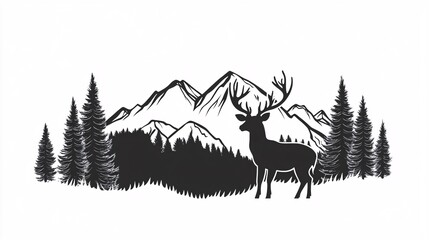 A majestic silhouette of a deer standing amidst a tranquil mountain landscape.