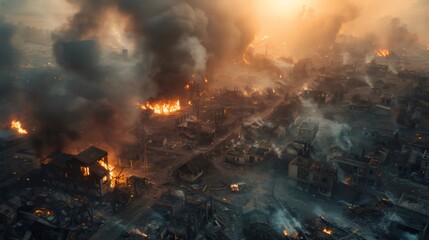 Devastating fire engulfing buildings in war-torn city: aerial view of destruction
