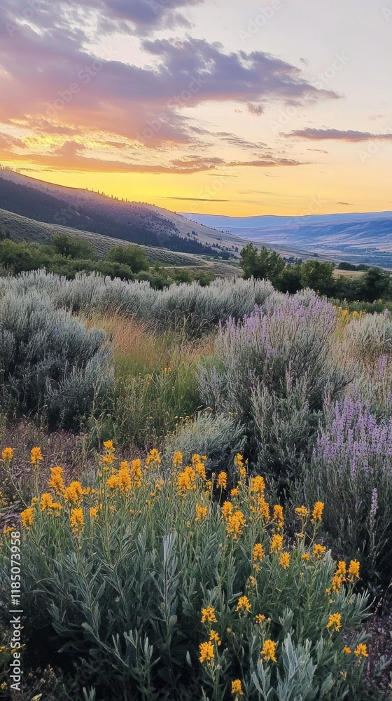 Poster at dusk, the sky transforms into a canvas of warm hues as the sun sets over rolling hills