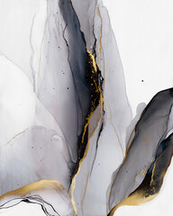 Abstract grey art with gold — big gray poster for interior printing with golden paint. Beautiful smudges and stains made with alcohol ink. Gray fluid art texture resembles watercolor or aquarelle.