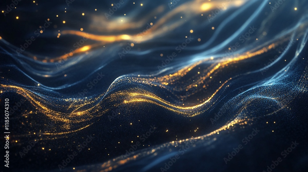 Aufkleber a mesmerizing abstract image of flowing waves with golden sparkles on a deep blue background, creati